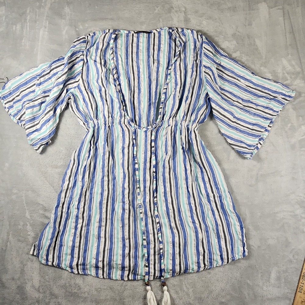 Spiaggia Dolce Blue Striped Tassel Mini Dress Cover-up L Boho Resort Casual